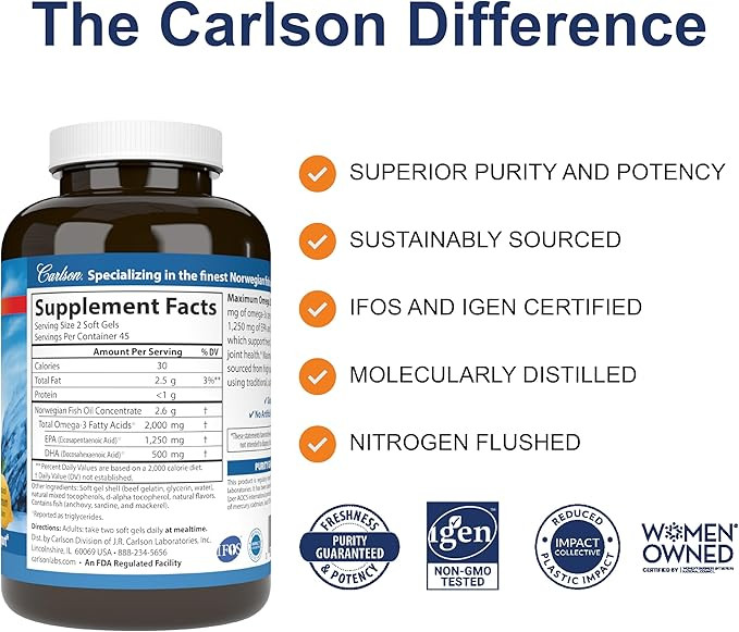 Carlson - Maximum Omega 2000, 2000 mg Omega-3 Fatty Acids Including EPA and DHA, Wild-Caught, Norwegian Fish Oil Supplement, Sustainably Sourced Fish Oil