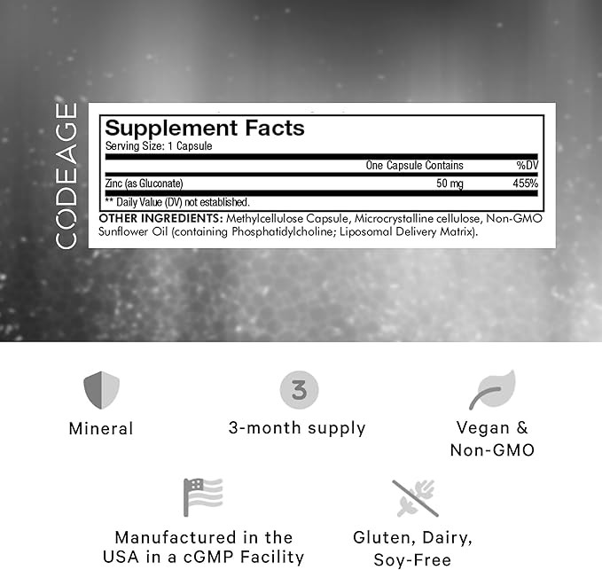 Codeage Liposomal Zinc Supplement – 3 Month Supply – One Per Day - 50 mg Zinc Gluconate Vitamin Pills - Essential Mineral Supplements Liposomal Delivery Matrix - Vegan Non-GMO - 100 Capsules Visit the Codeage Store
