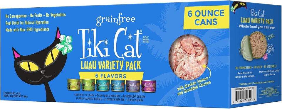 Tiki Cat Luau Variety Pack, Succulent Combinations of Real Shredded Protein in a Rich Flavorful Consumme, Grain-Free Balanced Nutrition Wet Canned Cat Food, for All Life Stages, 6 oz. Can (8 Count)