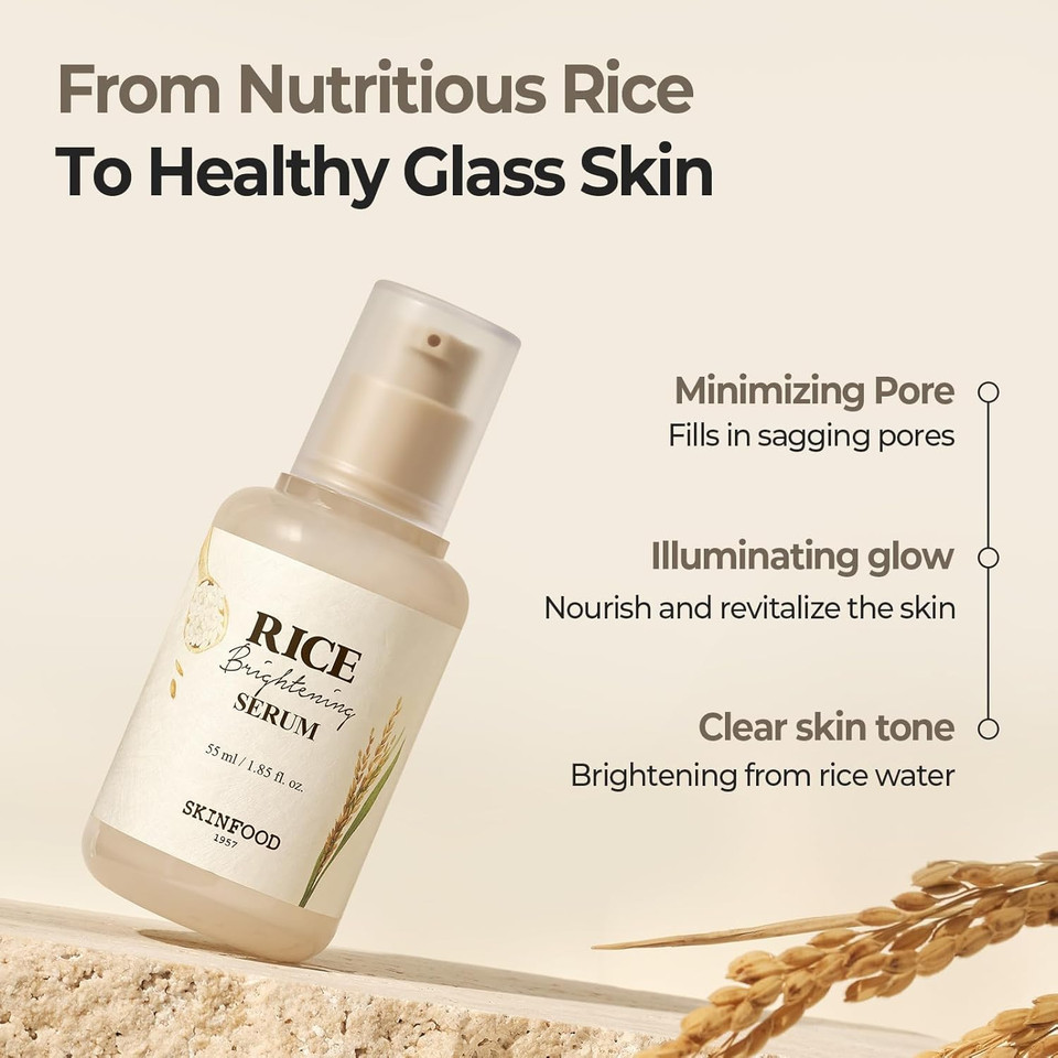 SKINFOOD Rice Serum, 48 Hours Fermented Rice Water Skincare Korean Serum for Face, Korean Rice Skincare for Natural Glow Glass Skin, Pore Minimizer, Rice Water Bright, 55ml/1.86fl.oz
