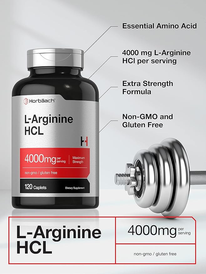 Horbäach L-Arginine 4000mg| 120 Caplets | for Men and Women | Maximum Strength Nitric Oxide Precursor | Vegetarian, Non-GMO, Gluten Free Supplement