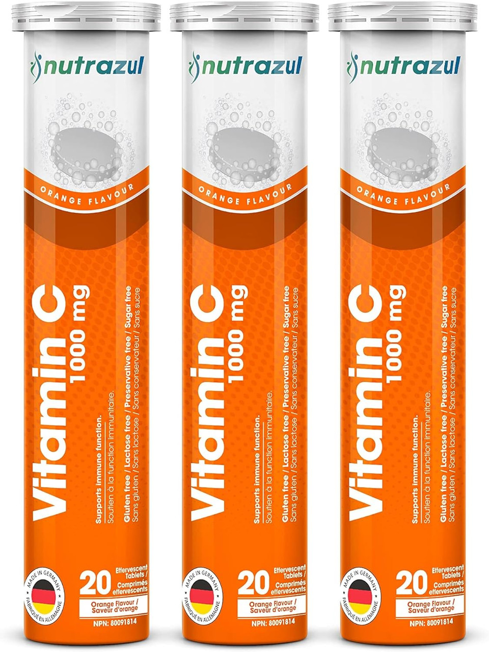 nutrazul Vitamin C 1000mg Effervescent Tablets, VIT C Supplement to Help Maintain Immune Function, Gluten-Free, Lactose-Free, Sugar-Free, Preservative-Free, Orange Flavor, 20 Count, Pack of 3