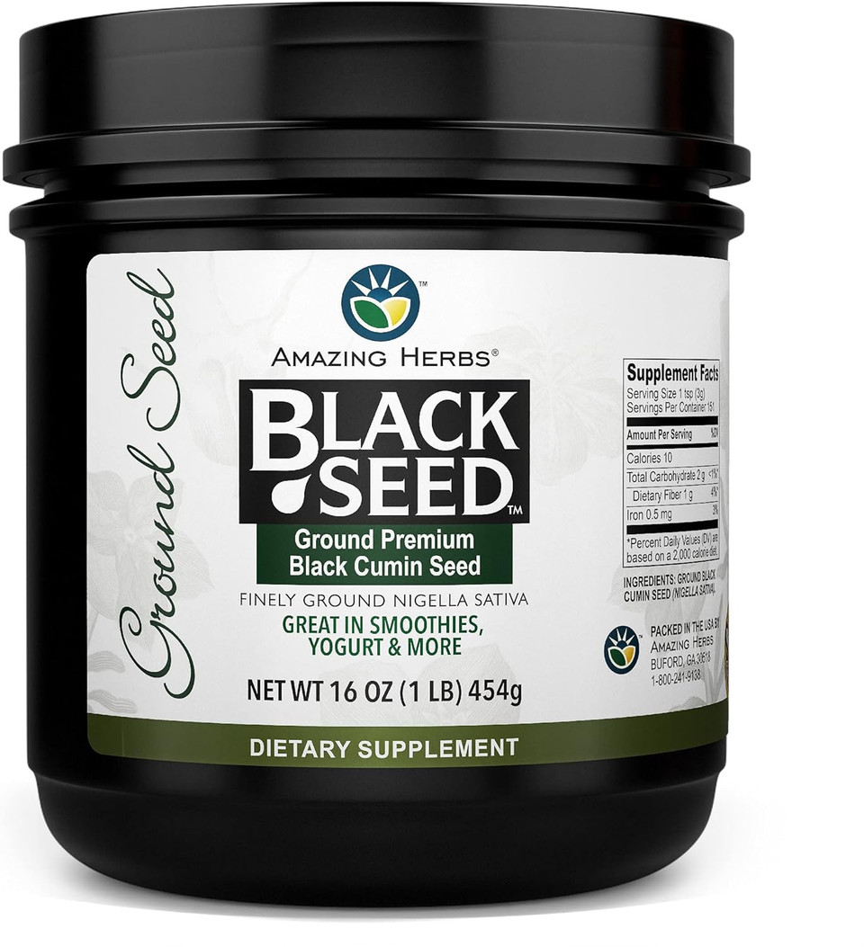 Amazing Herbs Premium Ground Black Cumin Seeds - Finely Ground Nigella Sativa, Gluten Free, Non Gmo, Supports Cardiovascular Function & Preserves Digestive Health - 16 Oz