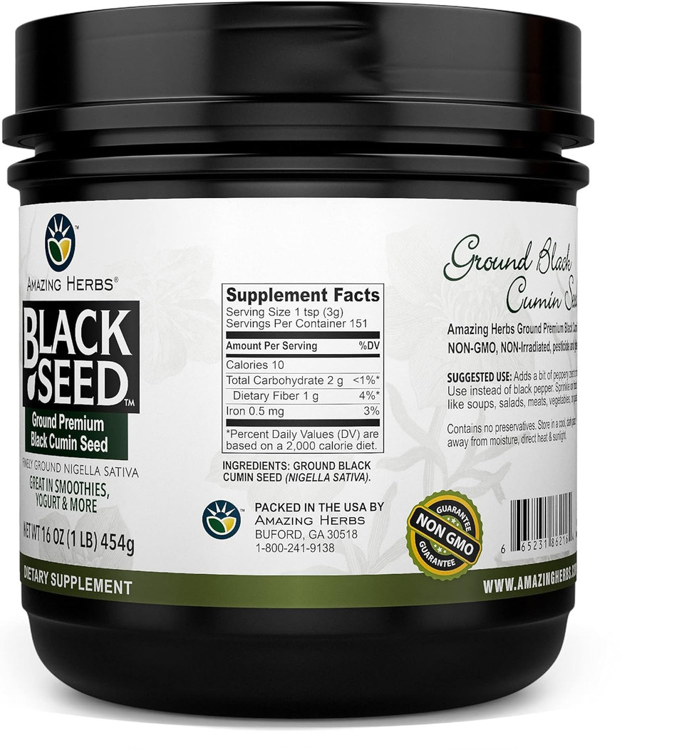 Amazing Herbs Premium Ground Black Cumin Seeds - Finely Ground Nigella Sativa, Gluten Free, Non Gmo, Supports Cardiovascular Function & Preserves Digestive Health - 16 Oz