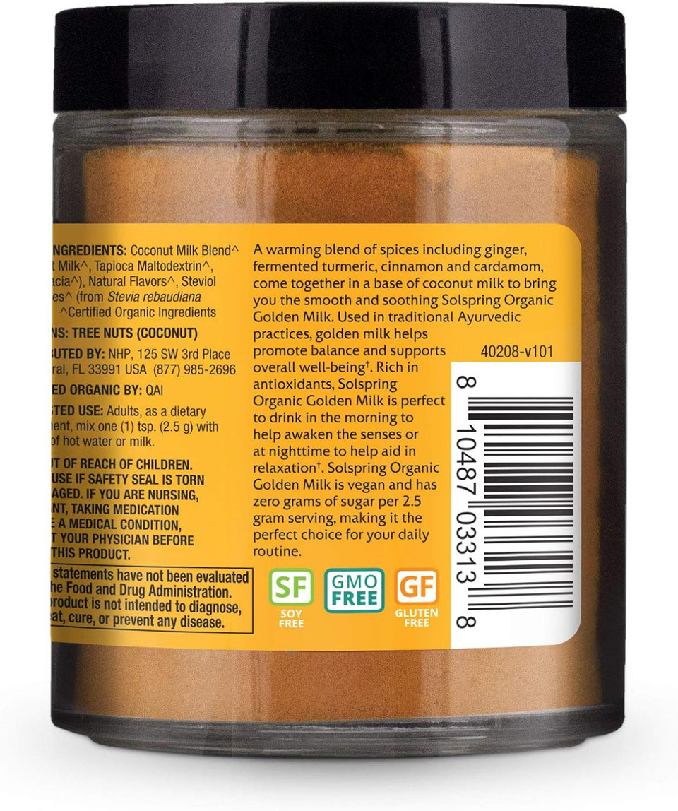 Dr. Mercola Solspring Organic Golden Milk Herbal Supplement, 2.64 Oz. (75 G), Vegan Organic Spice Blend With Turmeric And Ginger, Non Gmo, Gluten Free, Soy Free, Usda Organic