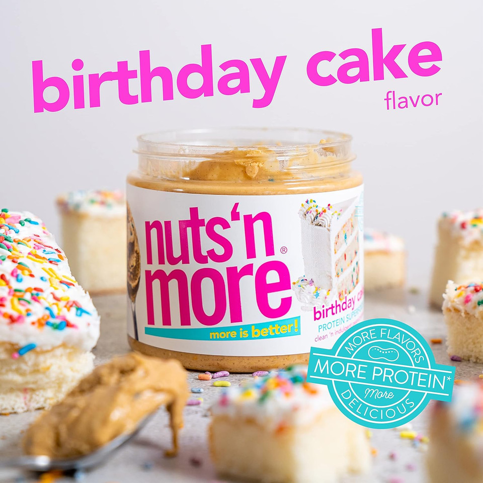 Nuts N More Birthday Cake Peanut Butter Spread, Added Protein All Natural Snack, Low Carb, Low Sugar, Gluten Free, Non-Gmo, High Protein Flavored Nut Butter (15 Oz Jar) Nuts N More Birthday Cake Peanut Butter Spread, Added Protein All Natural Snack, Low Carb, Low Sugar, Gluten Free, Non-Gmo, High Protein Flavored Nut Butter (15 Oz Jar)