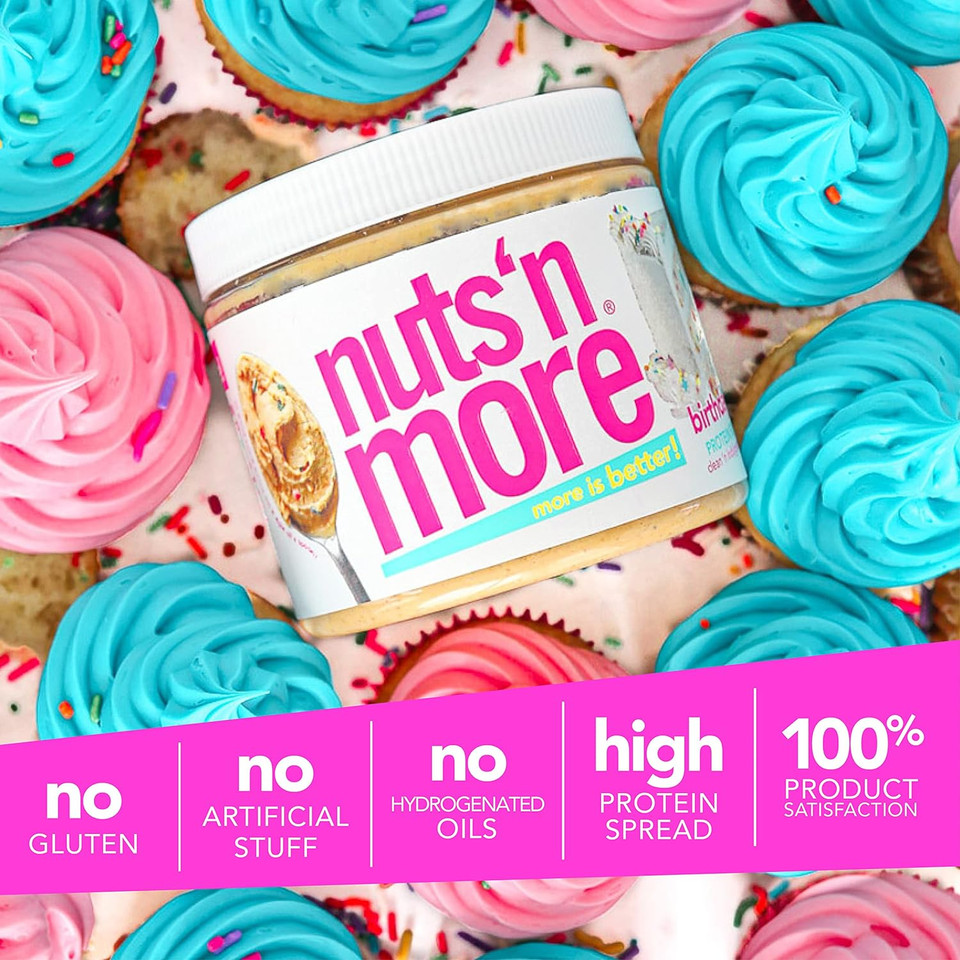 Nuts N More Birthday Cake Peanut Butter Spread, Added Protein All Natural Snack, Low Carb, Low Sugar, Gluten Free, Non-Gmo, High Protein Flavored Nut Butter (15 Oz Jar) Nuts N More Birthday Cake Peanut Butter Spread, Added Protein All Natural Snack, Low Carb, Low Sugar, Gluten Free, Non-Gmo, High Protein Flavored Nut Butter (15 Oz Jar)