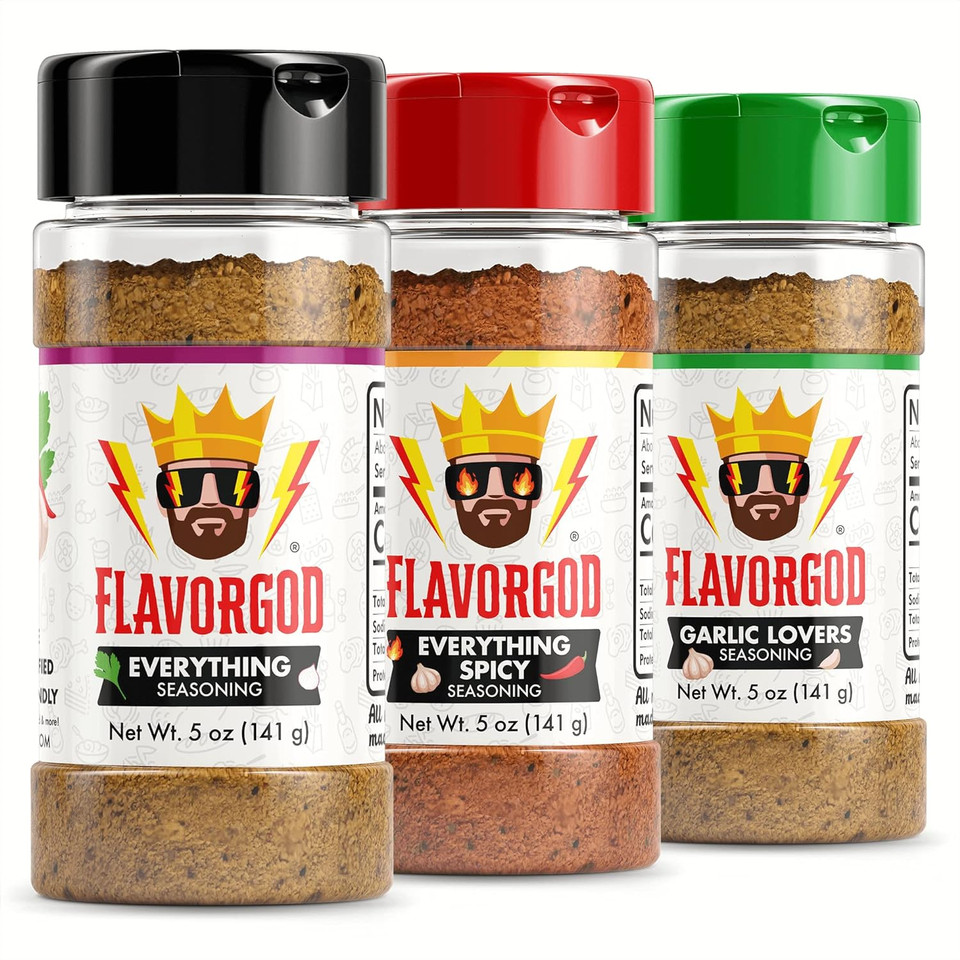 Flavor God Classic Combo Pack Of 3 Herb, Spice & Seasoning Gift Set, Everything, Everything Spicy, Garlic Lovers, Natural Healthy Spice Blend, Low Sodium Chicken, Beef, Seafood, Salad Vegetable Pizza, Steak Rub5.00 Ounce (Pack Of 3)