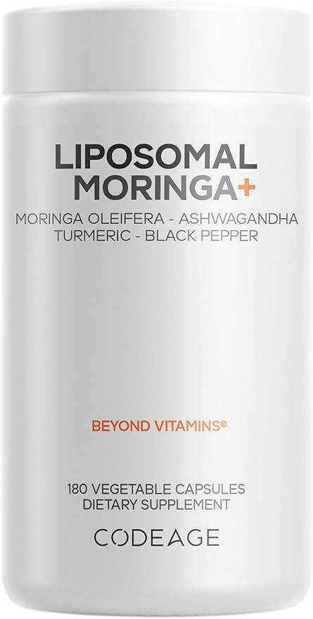 Codeage Liposomal Moringa+ Supplement, 400mg Moringa 50:1 Extract - Turmeric, Ashwagandha, Black Pepper, 3-Month Supply, Vegan Moringa Powder - 180 Capsules