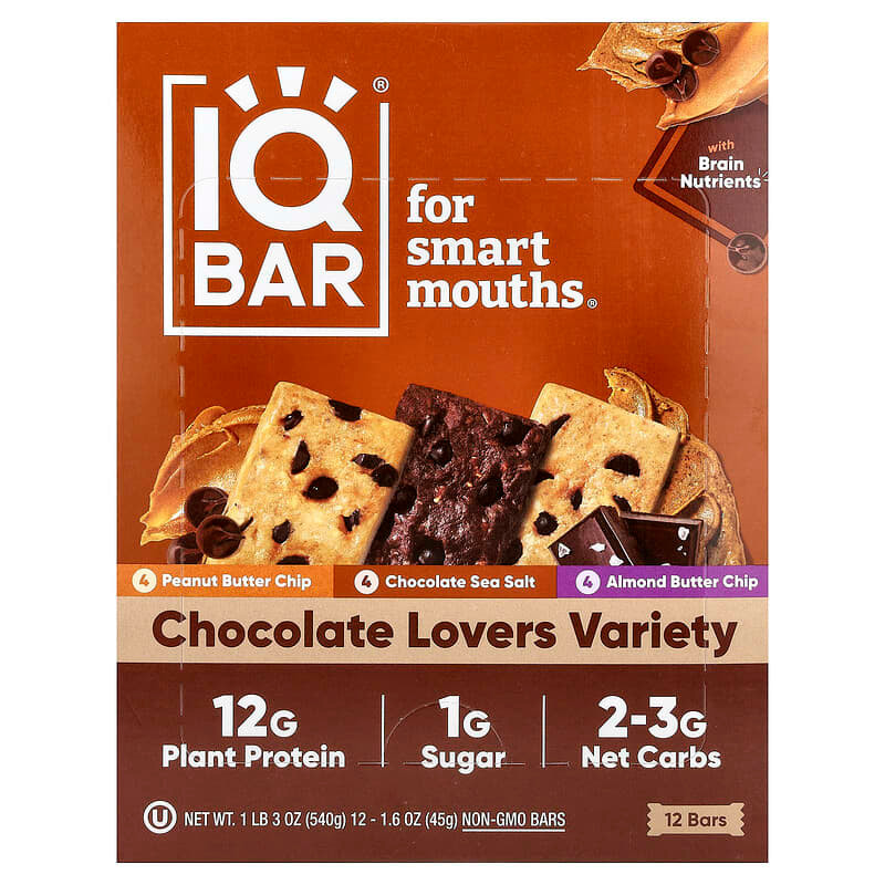 IQBAR Brain and Body Plant Protein Bars - Chocolate Lovers Variety - 12-Count Low Carb - Gluten Free, High Fiber, Vegan Snacks - Low Sugar Meal Replacement