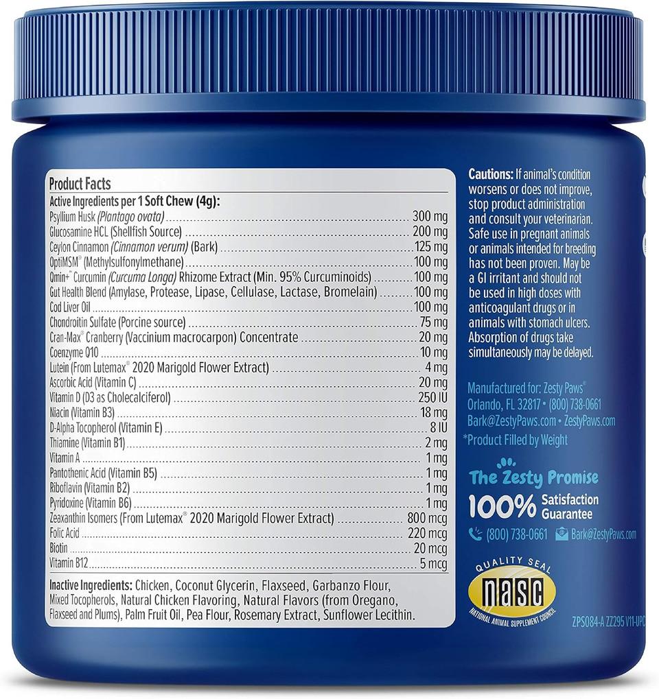 Zesty Paws Senior Dog Multivitamin Treats - Glucosamine for Dogs + Digestive Enzymes & Probiotics - Grain Free Dog Vitamins and Supplements for Skin & Coat + Immune Health Chicken - Advanced - 90ct