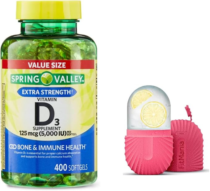 Vitamin D3 Spring Valley Softgels, 125 mcg per Softgel, 5,000 IU, 400 Count, and Gift Ice Roller for Face
