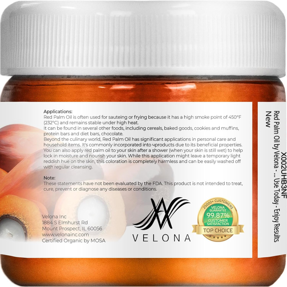 velona USDA Certified Organic Red Palm Oil 1 Gallon / 128 Fl Oz | Food and Cosmetic Grade | in jar | Extra Virgin, Cold Pressed | Skin, Face, Body, Hair Care