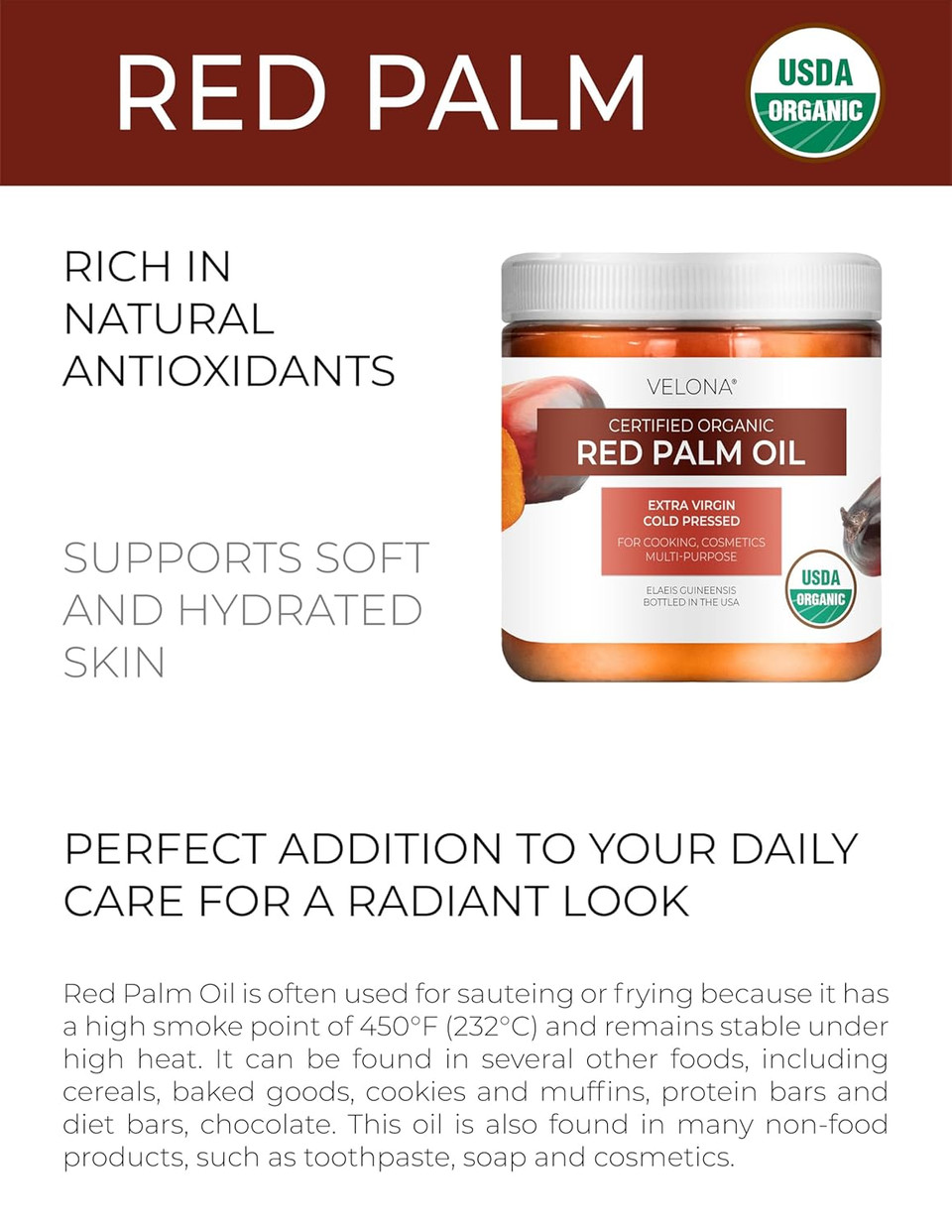 velona USDA Certified Organic Red Palm Oil 1 Gallon / 128 Fl Oz | Food and Cosmetic Grade | in jar | Extra Virgin, Cold Pressed | Skin, Face, Body, Hair Care