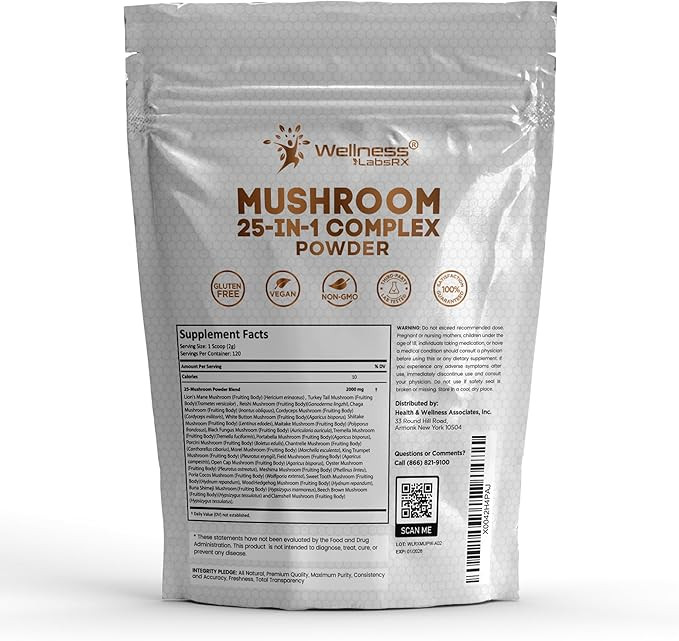 WELLNESS LABSRX Mushroom Powder, 25 in 1 Mushrooms Supplement - 2000mg, 25 Superfood Mishroom Lions Mane Powder with Chaga, Shiitake, Cordyceps, Reishi - Lion's Mane Mushroom - 120 Servings