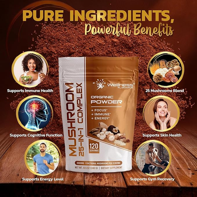 WELLNESS LABSRX Mushroom Powder, 25 in 1 Mushrooms Supplement - 2000mg, 25 Superfood Mishroom Lions Mane Powder with Chaga, Shiitake, Cordyceps, Reishi - Lion's Mane Mushroom - 120 Servings