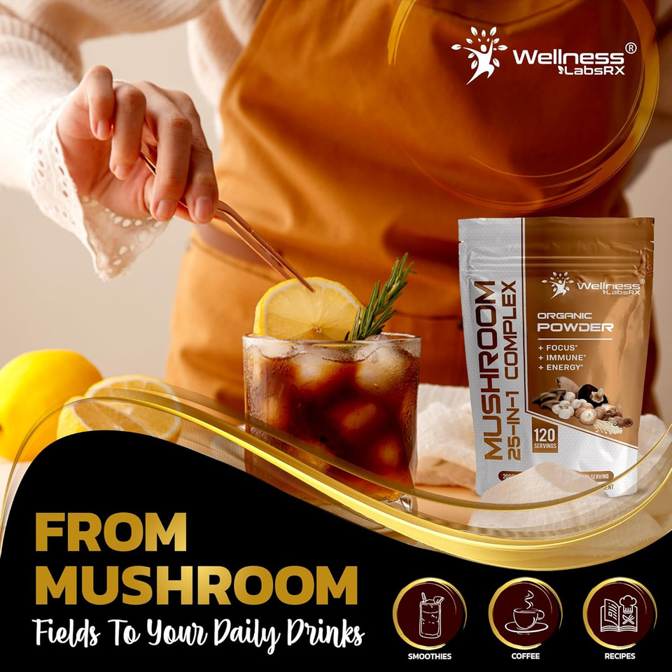 WELLNESS LABSRX Mushroom Powder, 25 in 1 Mushrooms Supplement - 2000mg, 25 Superfood Mishroom Lions Mane Powder with Chaga, Shiitake, Cordyceps, Reishi - Lion's Mane Mushroom - 120 Servings