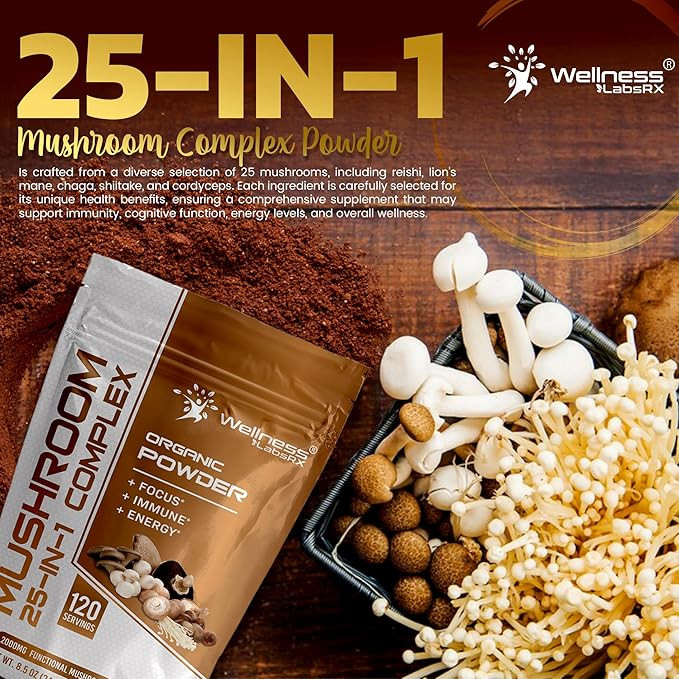 WELLNESS LABSRX Mushroom Powder, 25 in 1 Mushrooms Supplement - 2000mg, 25 Superfood Mishroom Lions Mane Powder with Chaga, Shiitake, Cordyceps, Reishi - Lion's Mane Mushroom - 120 Servings