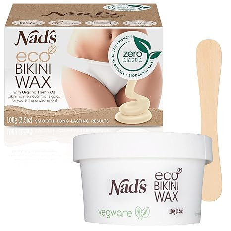 Nad's Professional Salon Quality Microwaveable Hard Stripless Eco Bikini Wax, Plastic-Free Vegan Formula Includes 100g Wax & Wooden Spatula