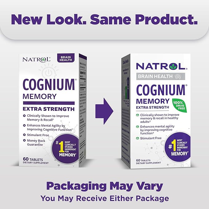 Natrol Cognium Memory Extra Strength, Brain Health Supplements for Adults, Brain Memory Supplements, Enhances Mental Agility in Healthy Adults, 60 Tablets, Up to a 30 Day Supply
