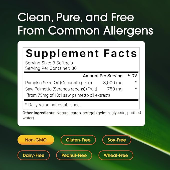 NatureBell Pumpkin Seed Oil 3,000mg with Saw Palmetto - 240 Softgels - Rich in Omega-6 & Omega-9 - Supplement for Heart, Brain, Hair & Bladder Health*