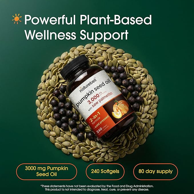 NatureBell Pumpkin Seed Oil 3,000mg with Saw Palmetto - 240 Softgels - Rich in Omega-6 & Omega-9 - Supplement for Heart, Brain, Hair & Bladder Health*
