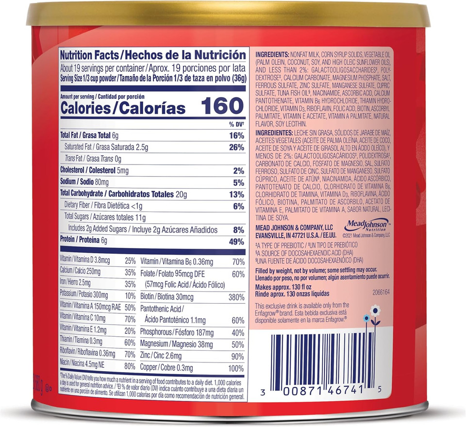 Enfagrow PREMIUM Toddler Nutritional Drink, Made with Real Milk, Brain-Building Omega-3 DHA, Nutrients and Prebiotics for Growth & Immune Support, Non-GMO, Toddler Milk Powder, 24 Oz Can
