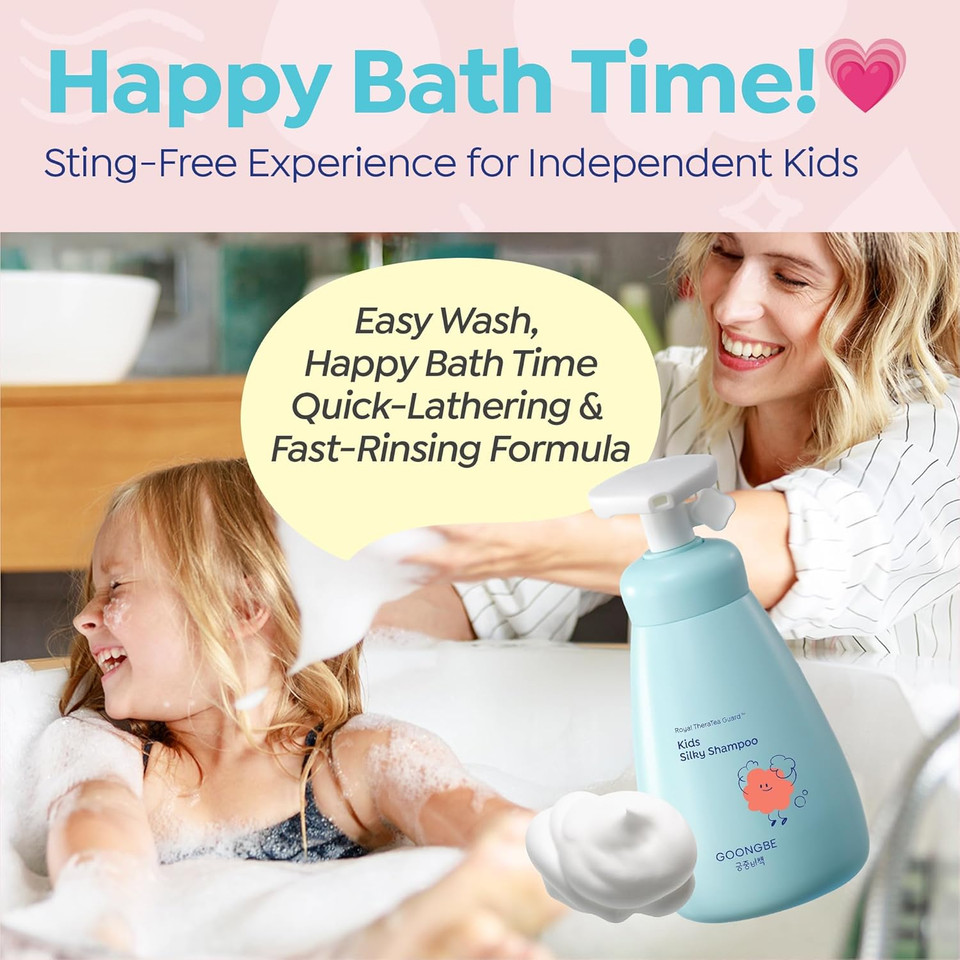 GOONGBE Kids' Detangling Shampoo - Silky Shine for Frizzy Tangle-Prone Hair – Silicone-Free Low pH with Silk Protein & Macadamia Oil – Tear-Free Tested, 25 Allergen-Free – Korean K-Beauty, 10.1 fl oz