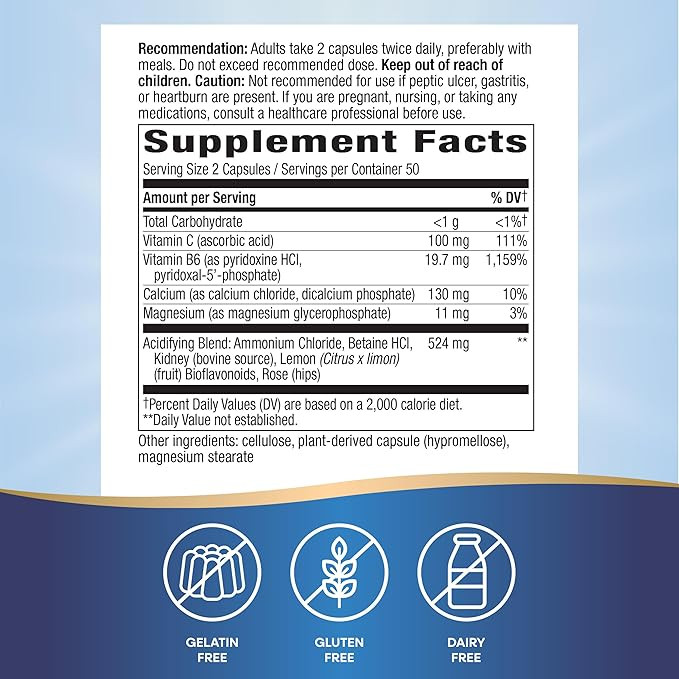 Nature's Way Acid-A-Cal, with Unique Acidifying Blend, with Betaine HCI, Rose Hips, Bioflavonoids, No Gluten, 100 Capsules (Packaging May Vary)