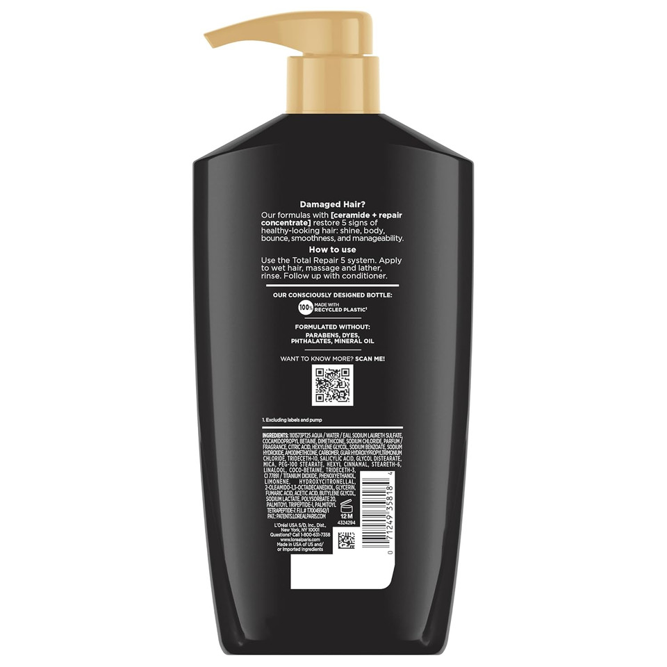 L'Oreal Paris Elvive Total Repair 5 Repairing Shampoo for Damaged Hair Shampoo with Protein and Ceramide for Strong Silky Shiny Healthy Renewed Hair 28 Fl Oz