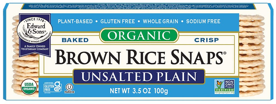 Edward & Son's Organic Unsalted Plain Brown Rice Snaps  Oven Baked, Whole Grain, Gluten Free, No Added Oils, Non-GMO Project Verified, USDA Organic  3.5 Oz (Pack of 12)