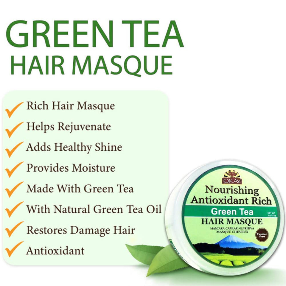 Okay | Green Tea Nourishing Antioxidant Rich Hair Masque | For All Hair Types & Textures | Revitalize - Rejuvenate - Restore | With Tea Tree Oil | Free Of Paraben, Silicone, Sulfate | 2 Oz