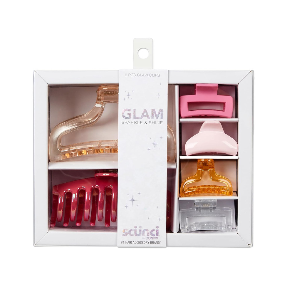 Scunci By Conair Teen Girl Holiday Gift Set, Christmas Gift Box Under $20, Includes 6 Claw Clips In Glamorous Shiny Colorsglam
