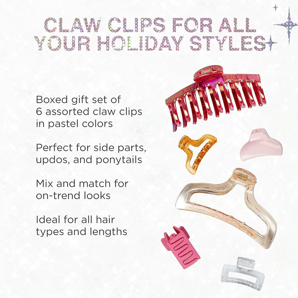 Scunci By Conair Teen Girl Holiday Gift Set, Christmas Gift Box Under $20, Includes 6 Claw Clips In Glamorous Shiny Colorsglam
