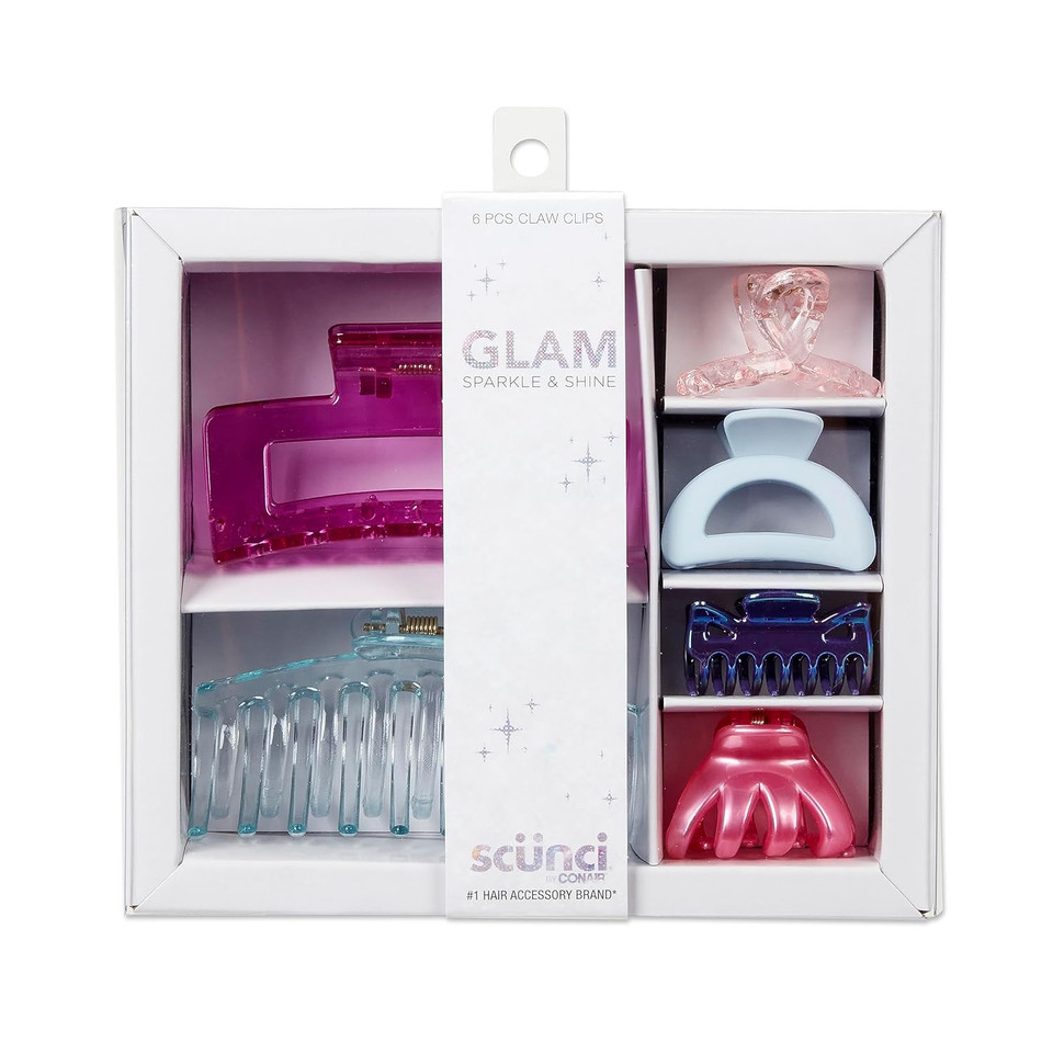 Scunci By Conair Teen Girl Holiday Gift Set, Christmas Gift Box Under $20, Includes 6 Claw Clips In Pastel Glam Colorspastel Glam
