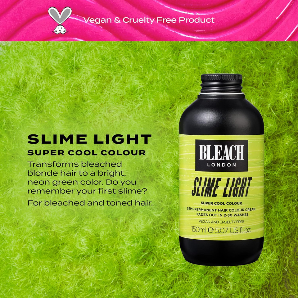 Bleach London Slime Light Super Cool Color - Semi-Permanent Hair Color, Bright Neon Green, Vegan, Cruelty Free, Temporary Hair Color Cream, 5.07 Fl .Oz