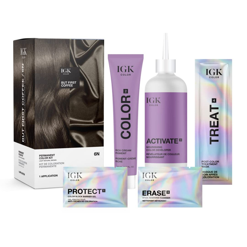 Igk Permanent Color Kit | Easy Application + Strengthen + Shine | Vegan + Cruelty Free + Ammonia Free | Bright Fantasy Color Shadesbut First Coffee (Light Natural Brown 6N)