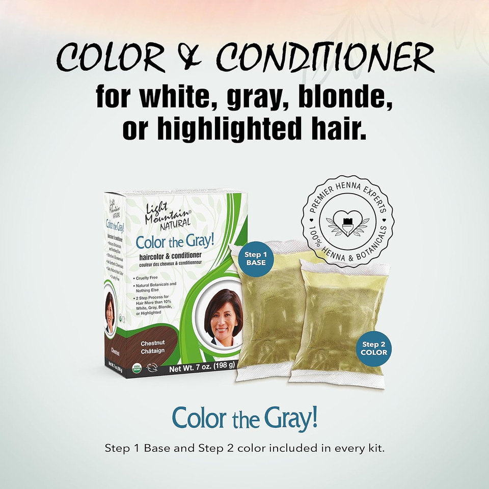 Light Mountain Henna Hair Color & Conditioner, Color The Gray - Chestnut Hair Dye For Men/Women, 2-Step Chemical-Free, Semi-Permanent Hair Color For White, Gray, And Blonde Hair, 7 Oz (Pack Of 2)Chestnut