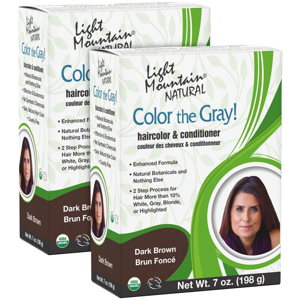 Light Mountain Henna Hair Color & Conditioner, Color The Gray - Dark Brown Hair Dye For Men/Women, 2-Step Chemical-Free, Semi-Permanent Hair Color For White, Gray, And Blonde Hair, 7 Oz (Pack Of 2)Brown/Grey