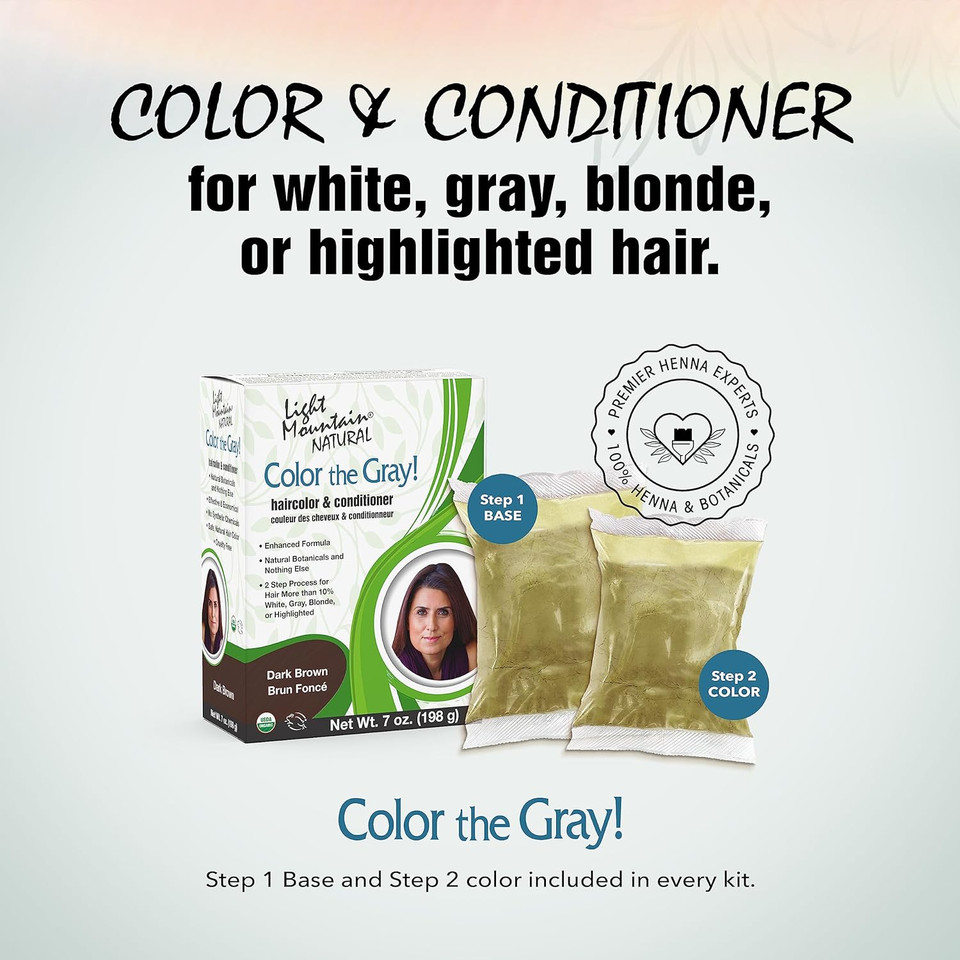 Light Mountain Henna Hair Color & Conditioner, Color The Gray - Dark Brown Hair Dye For Men/Women, 2-Step Chemical-Free, Semi-Permanent Hair Color For White, Gray, And Blonde Hair, 7 Oz (Pack Of 2)Brown/Grey