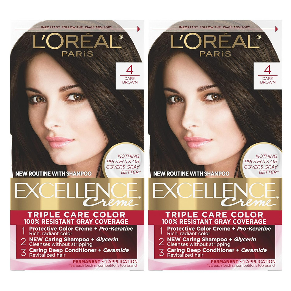 L'Oreal Paris Excellence Creme Permanent Hair Color, 4 Dark Brown, 100 Percent Gray Coverage Hair Dye, Pack Of 24 Dark Brown L'Oreal Paris Excellence Creme Permanent Hair Color, 4 Dark Brown, 100 Percent Gray Coverage Hair Dye, Pack Of 24 Dark Brown