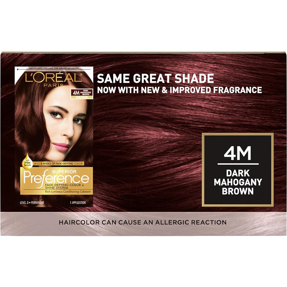 L'Oreal Paris Superior Preference Fade-Defying + Shine Permanent Hair Color, 4M Dark Mahogany Brown, Pack Of 1, Hair Dye4M Dark Mahogany Brown1 Count (Pack Of 1)