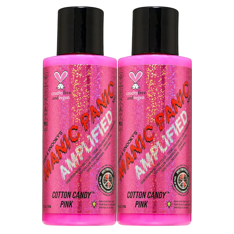Manic Panic Cotton Candy Pink Hair Color - Amplified - (2Pk) Semi Permanent Hair Dye - Bright Pink Cool Toned Color - Glows In Blacklight - Vegan, Ppd & Ammonia-Free - For Coloring Hair On Women & Mencotton Candy Pink2 Count (Pack Of 1)
