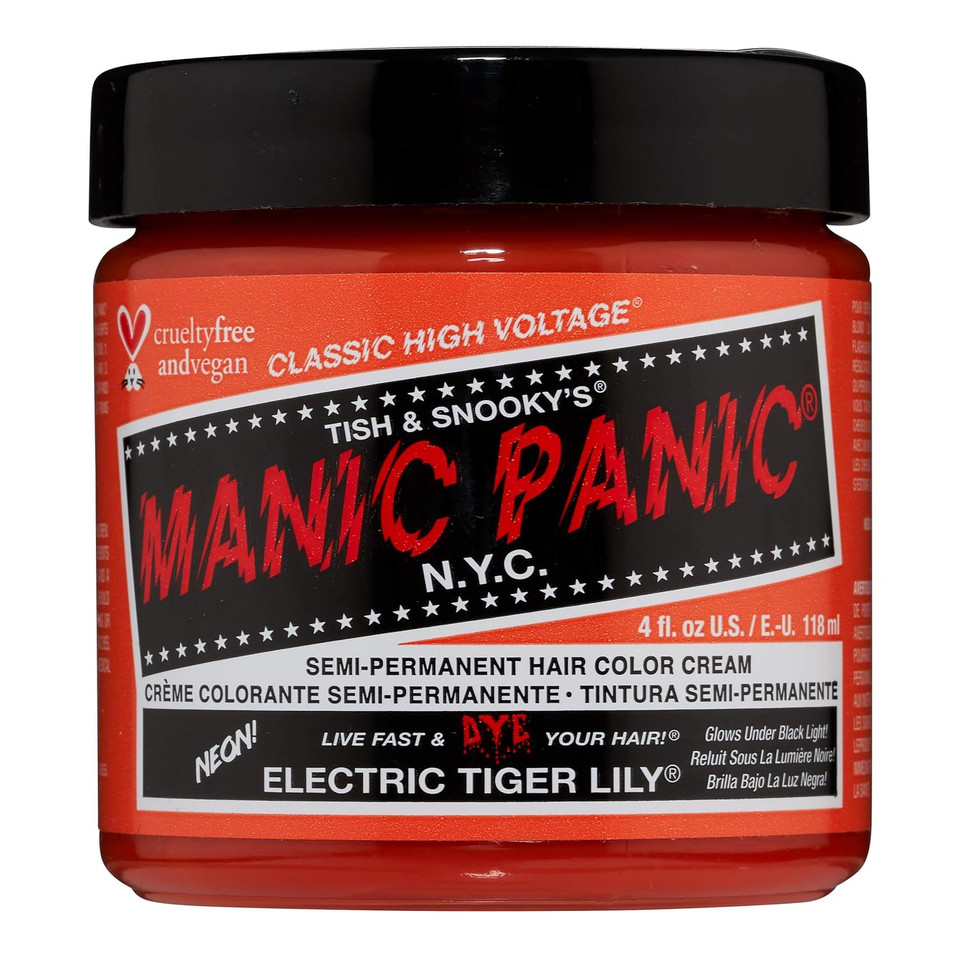 Manic Panic Electric Tiger Lily Orange Hair Dye  Classic High Voltage - Semi Permanent Bright Orange Neon Hair Color That Glows In Black Light - Vegan, Ppd, Ammonia Free (4Oz)Electric Tiger Lily