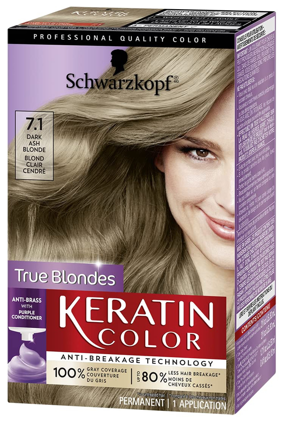 Schwarzkopf Keratin Color Permanent Hair Color Cream 7.1 Dark Ash Blonde, 1 Kit7.1 Dark Ash Blonde