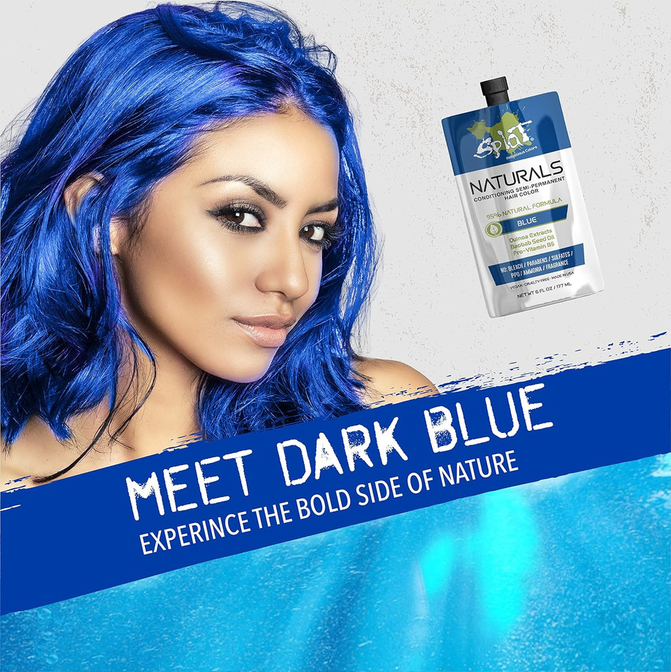 Splat Naturals, Semi-Permanent Blue Hair Dye : 100% Vegan, Cruelty-Free, No Bleach Required, Free Of Ammonia, Ppd, Parabens & Sulfates - 6 Ozblue