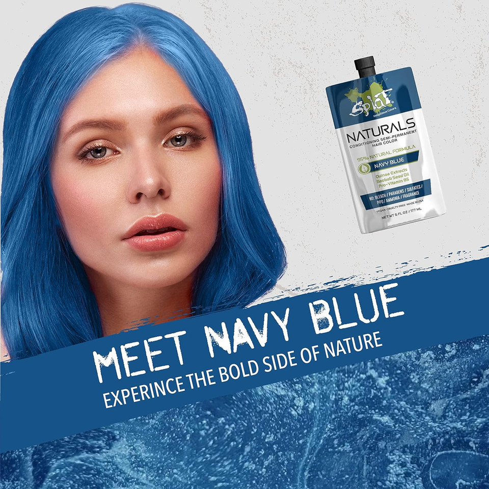 Splat Naturals, Semi-Permanent Navy Blue Hair Dye : 100% Vegan, Cruelty-Free, No Bleach Required, Free Of Ammonia, Ppd, Parabens & Sulfates - 6 Oznavy Blue