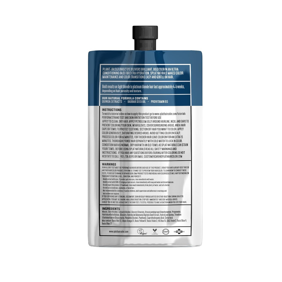 Splat Naturals, Semi-Permanent Navy Blue Hair Dye : 100% Vegan, Cruelty-Free, No Bleach Required, Free Of Ammonia, Ppd, Parabens & Sulfates - 6 Oznavy Blue