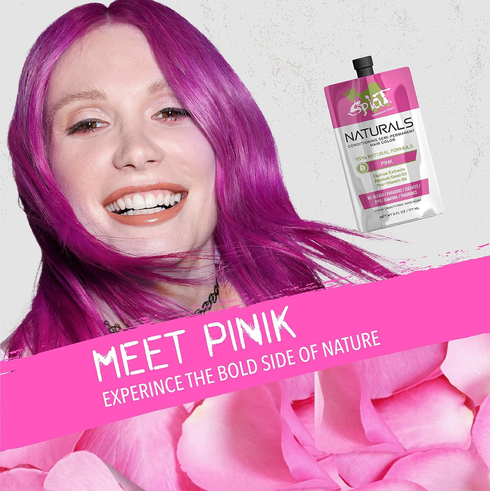 Splat Naturals, Semi-Permanent Pink Hair Dye : 100% Vegan, Cruelty-Free, No Bleach Required, Free Of Ammonia, Ppd, Parabens & Sulfates - 6 Ozpink