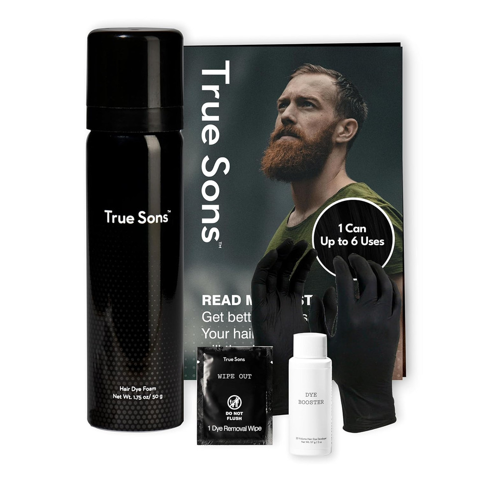 True Sons Hair Dye Foam For Men - Natural Look - Effortless, Multi-Use Dye Kit With Instant Color Booster Applicator, Ammonia-Free Formula For Sensitive Skin, Simpler Hair And Beard Dye (True Black)True Black1.75 Ounce (Pack Of 1)